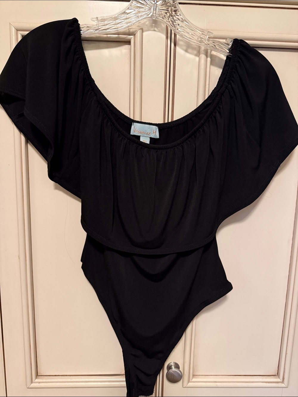 Veronica M Black Off-Shoulder Ruffle Layered Bodysuit